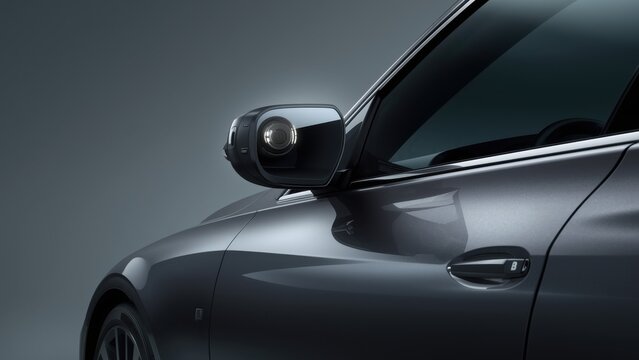 modern vehicle 360-degree camera setup, lens below side mirror, blind spot monitoring system