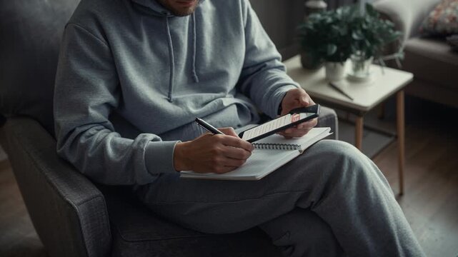 Checking tablet, man in gray hoodie writing notes in notebook with pen in armchair at home