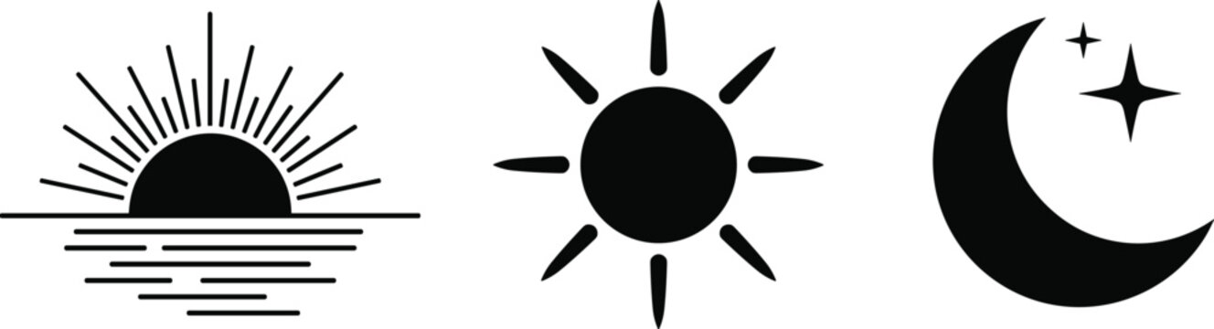 Sunrise sunset moon stars silhouette icons, day night cycle illustration, celestial symbol design for nature, astronomy, sky graphic, seasonal time concept, decorative artwork