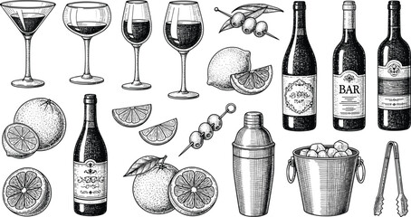 Vintage bar collection with wine bottles, cocktail glasses, citrus fruits, shaker, and ice bucket in a detailed black and white engraving style illustration. © Rumi