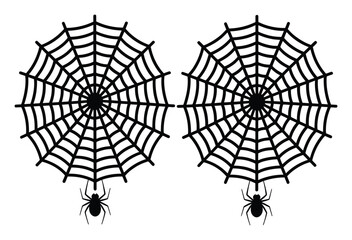 Obraz premium Classic graphic of two black spiderwebs, each with a hanging spider, perfect for Halloween. Evokes a spooky atmosphere, ideal for decorations, eerie designs, or seasonal events