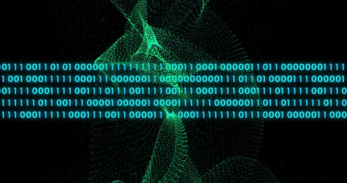 Glowing turquoise binary digits streaming across dark void with swirling green particle waves