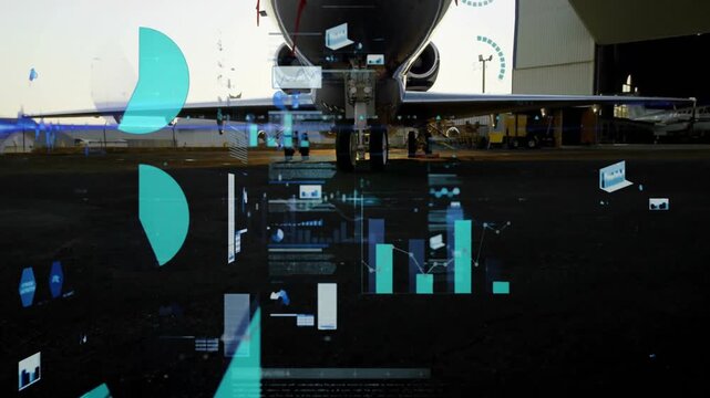 Private jet nose showcasing moving digital HUD charts floating over tarmac under warm sunset light