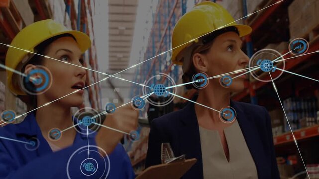 Warehouse team inspecting racks with forklift, overlaying network icons linking inventory data