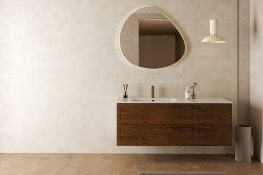 Modern bathroom vanity with organic mirror and wooden cabinet
