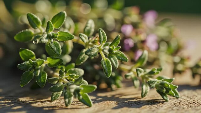 Fresh herb sprigs detailed close up with green leaves and tiny flowers