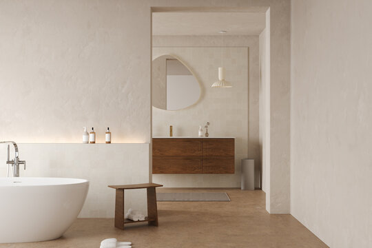 Modern bathroom interior with bathtub vanity and architectural doorway