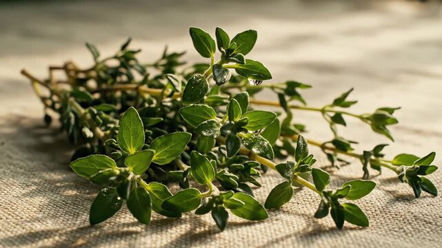 Fresh herb thyme sprigs on textured surface with natural lighting