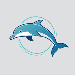 Obraz premium Vibrant graphic design featuring a stylized blue dolphin joyfully leaping within a circular aquatic swirl, symbolizing freedom, intelligence, and the beauty of ocean wildlife