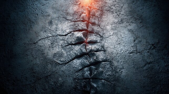 A sculptural representation of a human spine made of cracked stone with five points of intense pressure glowing warmly.