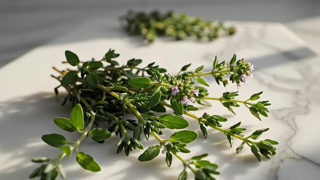 Fresh thyme sprigs on marble surface with soft natural lighting