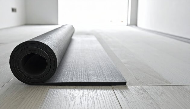 Thick industrial rubber mat being carefully unrolled and laid down over a light wooden floor in a bright, modern interior space, creating a new protective surface for commercial or home use.