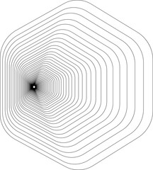 This abstract geometric hexagon icon features a striking optical illusion created by multiple concentric lines arranged in a smooth, repeating pattern , product packaging, and decorative design