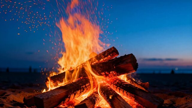 Burning stacked logs sending showers of sparks on sandy beach at dusk, breeze fanning embers