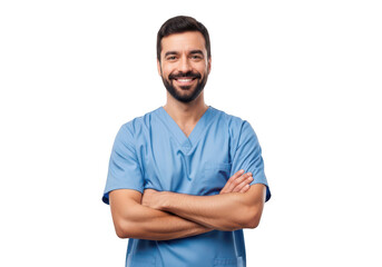 Obraz premium Confident man with arms crossed wearing a blue shirt and smiling isolated on transparent background,png,PNG