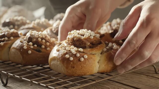 Freshly baked sweet rolls with sugar pearls on cooling rack close up