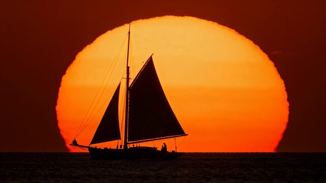 Wind filling sails, two-masted sailboat gliding across calm open sea at sunset, with crew moving