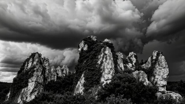 Thickening storm clouds advancing over jagged rock outcrop at shrubland, signaling imminent rain