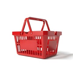A red plastic shopping basket with two handles and a sturdy base