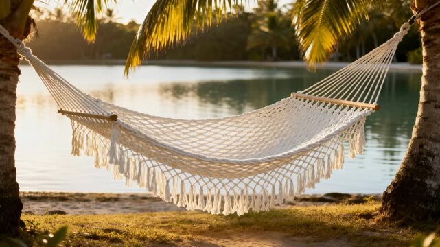 Swaying white hammock with spreader bars hanging between palms at shore, breeze shifting fringe