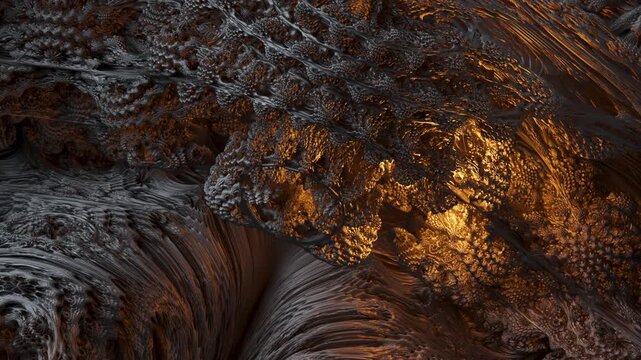 3D animated fractal cave landscape with warm amber and orange inner glow. Organic flowing forms, intricate surface detail. Abstract background for cinematic design.