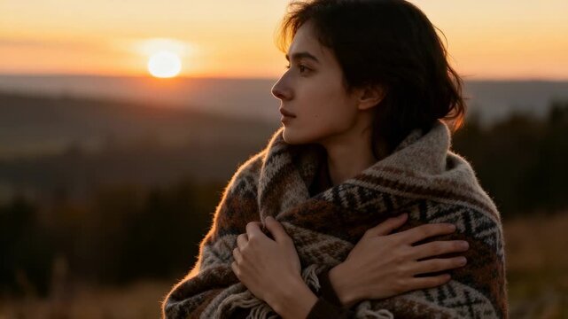 Standing woman watching sunset on hillside, pulling woven blanket tighter, warming from cool breeze