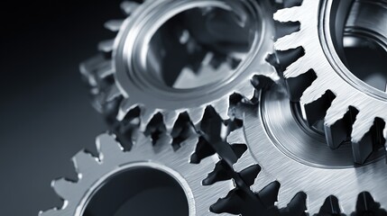 Business automation concept featuring an interlocking gear mechanism in metallic finish against an abstract background.