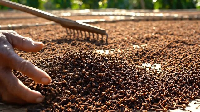 Person working with harvested crop drying under sunlight