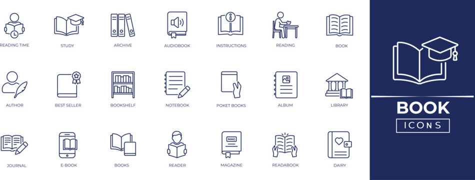 Book line icon set. Instruction, journal, library, read, Study and Knowledge solid icon collection.
