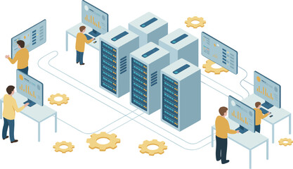 Data center server management illustration, IT engineers monitoring analytics dashboards and network infrastructure, cloud computing technology operations concept
