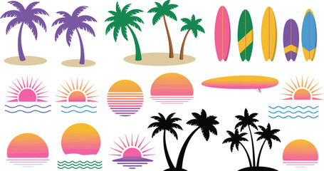 Fototapeta premium Flat beach summer icon set, palm trees surfboards sunset symbols, tropical vacation elements, seaside travel graphic illustration collection