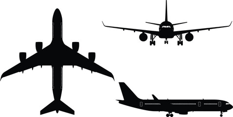 Black airplane silhouette set with top front and side view isolated on white background for commercial aviation travel transport and aerospace industry design elements