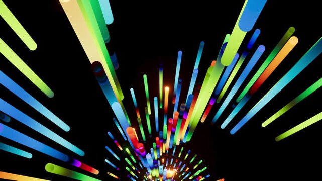 Glowing colored rods fly toward the viewer against a dark background. This 3D tunnel effect has a cool, futuristic tech feel. 3D render motion.