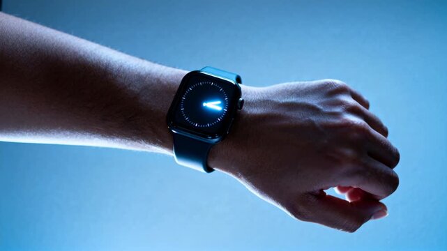 Rotating wrist revealing rectangular smartwatch face on blue backdrop, centering luminous V icon