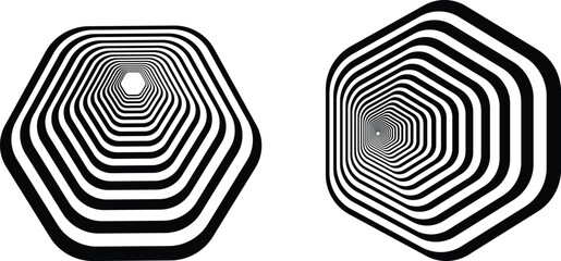 This abstract geometric hexagon icon set features a striking optical illusion created by multiple concentric lines arranged in a smooth, repeating pattern , product packaging, and decorative design © Awais