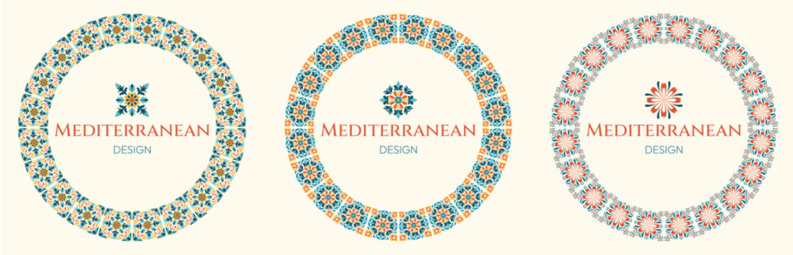 Set of three mediterranean circular frames with geometric floral ornaments in blue, orange and pink. Decorative round borders with symmetric tile motifs and central text space on a neutral background.