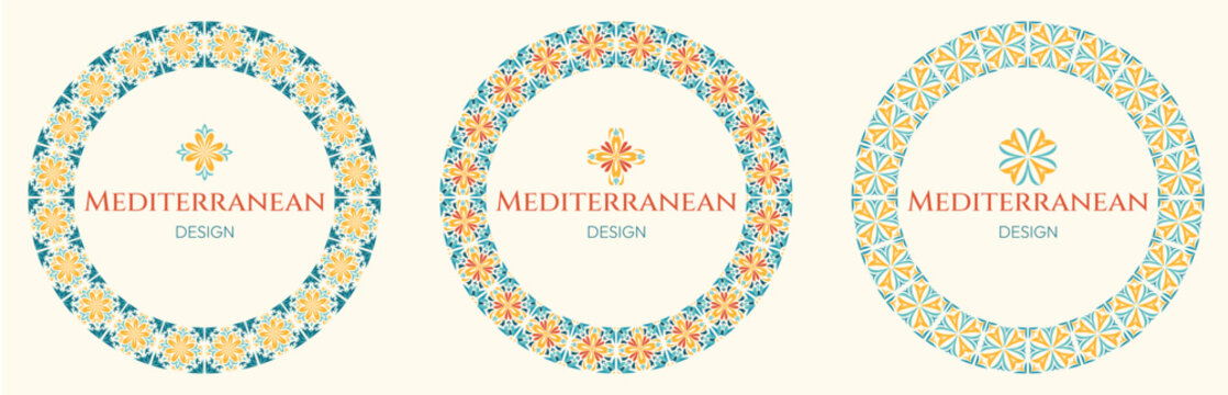Set of three mediterranean circular frames with green, orange and yellow floral ornaments. Decorative round borders with symmetric ceramic tiles motifs and central text area on a light background.