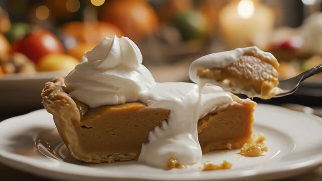 Slice of pie with whipped cream served on plate close up