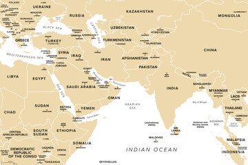 West Asia and South Asia, sand colored political map with countries, borders and capitals. Western and southwestern parts of the Asian continent, with the Middle East and Indian subcontinent. Vector