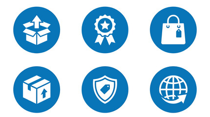 Fototapeta premium Collection of Six Blue Circular Icons Representing Packaging Security and Global Shipping Symbols. Vector Icons Set