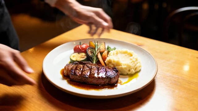 Vertical video: Hands entering placing plate waiter in apron serving steak and sides at diner