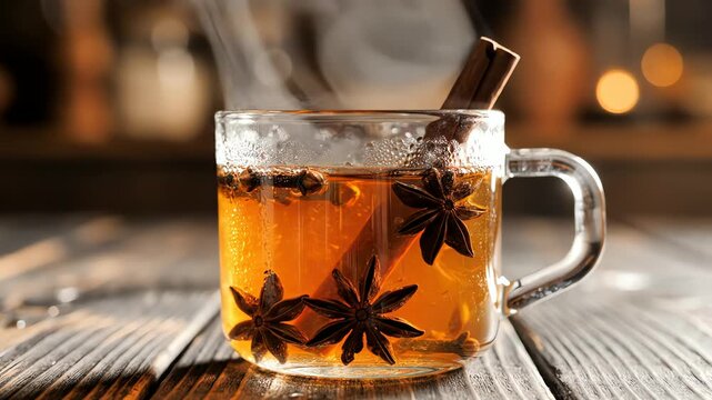 Steaming herbal beverage in transparent glass with spices and wooden surface