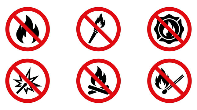 Safety Signs Indicating Fire Hazard and Prohibition Symbols. Vector Icons Set