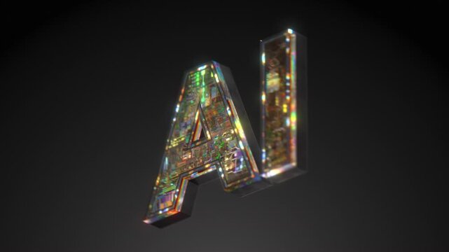 Seamless loop of 3D letters AI made from glowing circuit board texture spinning on axis. Gold and multicolor microchip surface on black background. Perfect for AI tech content.