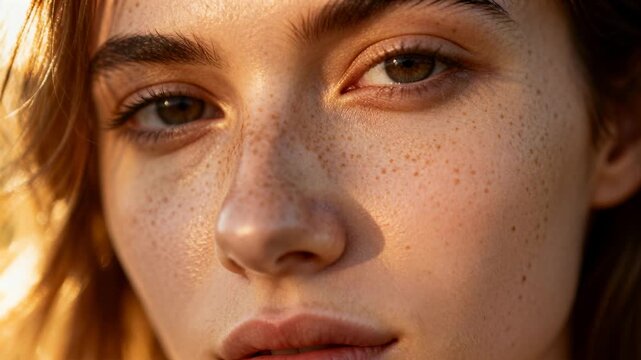 Holding woman's contemplating gaze toward lens at golden hour, sunlight shifting across freckles