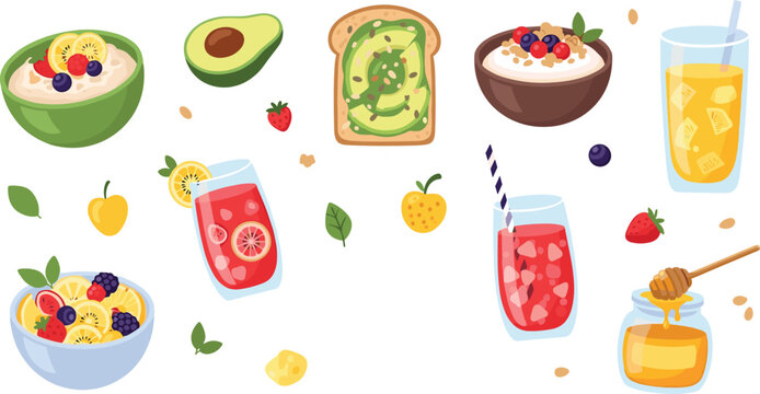 Healthy breakfast food collection with avocado toast oatmeal smoothie fresh juice fruits and honey colorful flat vector illustration isolated background