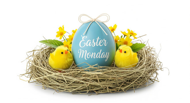 Easter monday decoration with eggs and chicks isolated on white background