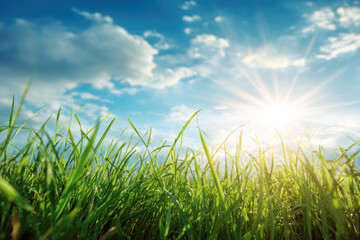 Fototapeta premium Lush green grass growing under a vibrant blue sky with bright summer sun rays symbolizing growth, nature, and vitality