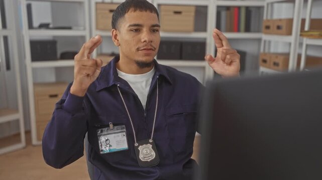 Man detective showing badge and crossed fingers at desk near monitor in building; relief celebration.