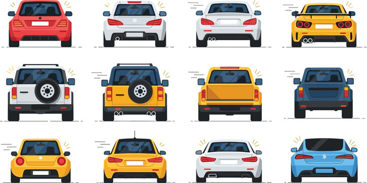 Set of modern cars rear view collection including sedan suv hatchback and sports vehicles flat vector illustration isolated on light background